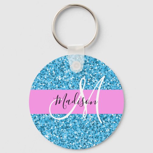 Glam Sky Blue Pink Glitter Sparkles Name Monogram Keychain