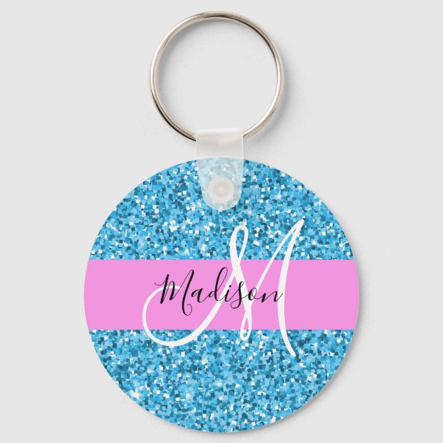 Glam Sky Blue Pink Glitter Sparkles Name Monogram Keychain (Front)