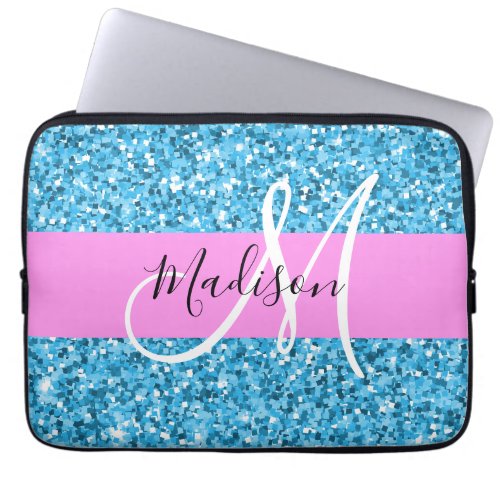 Glam Sky Blue Pink Glitter Sparkles Name Monogram Laptop Sleeve