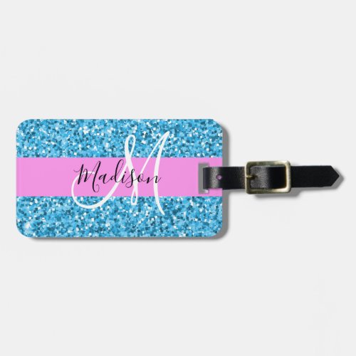 Glam Sky Blue Pink Glitter Sparkles Name Monogram Luggage Tag