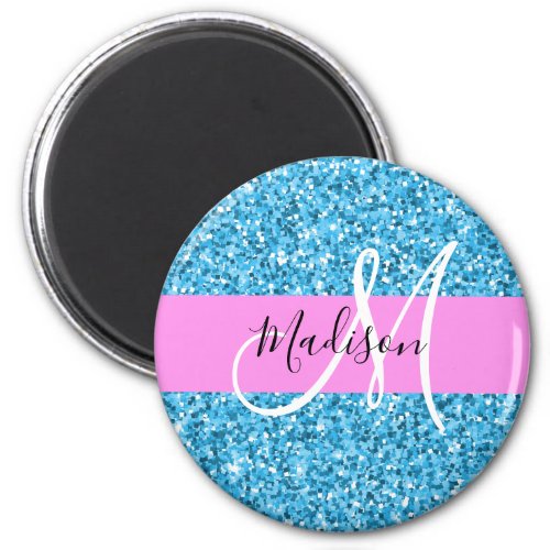 Glam Sky Blue Pink Glitter Sparkles Name Monogram Magnet