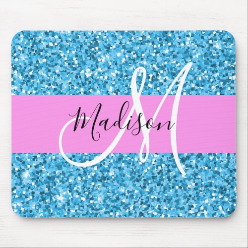 Glam Sky Blue Pink Glitter Sparkles Name Monogram Mouse Pad
