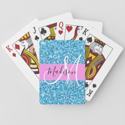 Glam Sky Blue Pink Glitter Sparkles Name Monogram Poker Cards