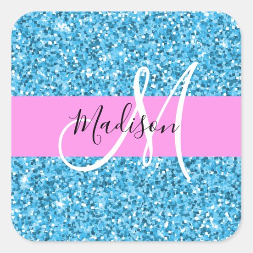 Glam Sky Blue Pink Glitter Sparkles Name Monogram Square Sticker