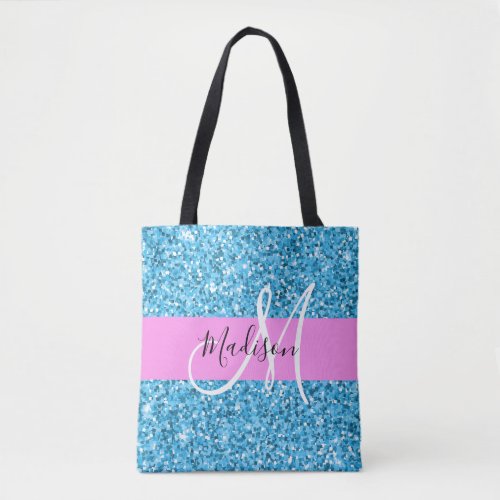 Glam Sky Blue Pink Glitter Sparkles Name Monogram Tote Bag