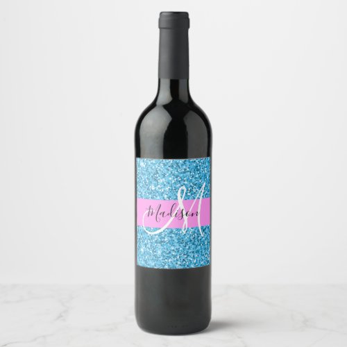 Glam Sky Blue Pink Glitter Sparkles Name Monogram Wine Label