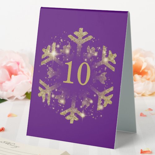 Glam Snowflake Xmas Holiday Gold Purple  Table Tent Sign