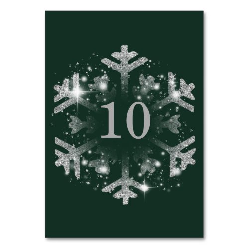 Glam Snowflake Xmas Holiday Silver Green  Table Number