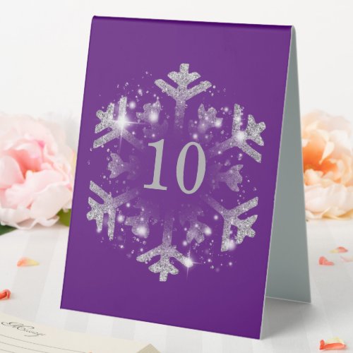 Glam Snowflake Xmas Holiday Silver Purple  Table Tent Sign