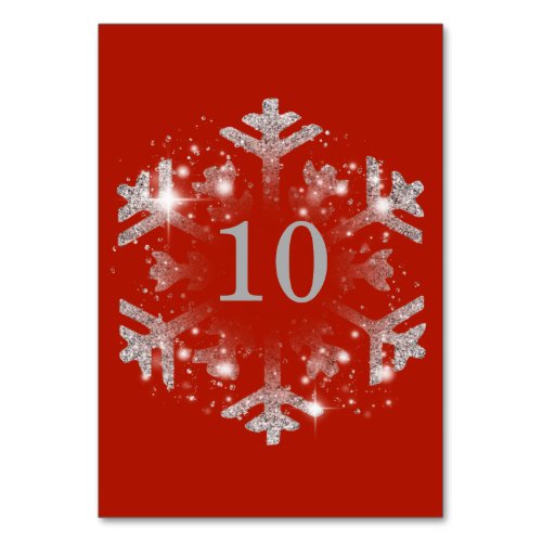 Glam Snowflake Xmas Holiday Silver Red  Table Number