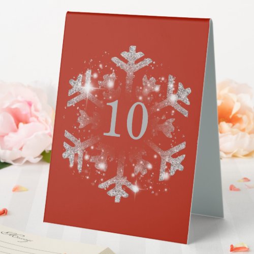 Glam Snowflake Xmas Holiday Silver Red  Table Tent Sign