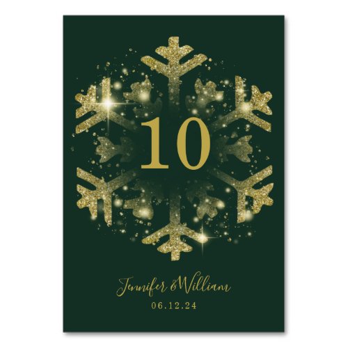 Glam Snowflake Xmas Wedding Gold Green  Table Number
