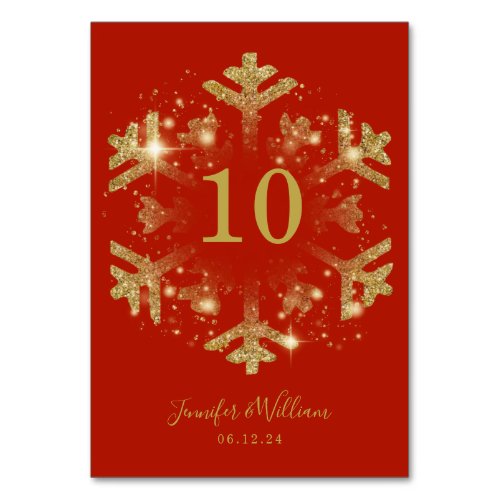 Glam Snowflake Xmas Wedding Gold Red  Table Number