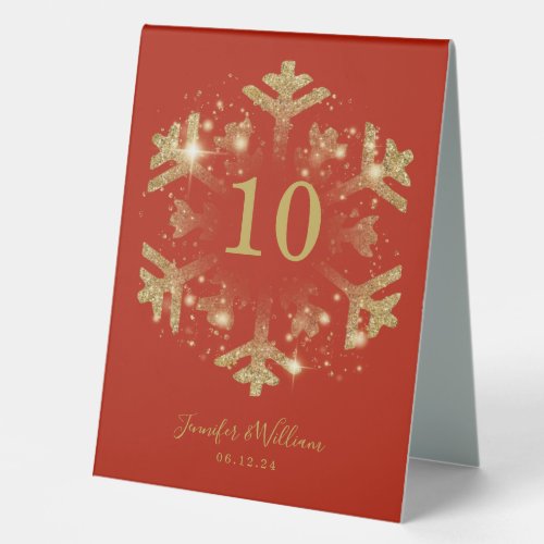 Glam Snowflake Xmas Wedding Gold Red  Table Tent Sign