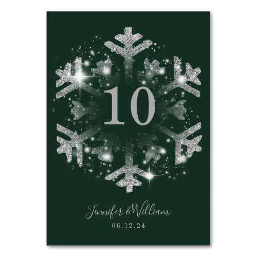 Glam Snowflake Xmas Wedding Silver Green  Table Number
