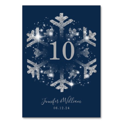 Glam Snowflake Xmas Wedding Silver Navy  Table Number