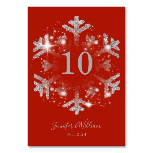 Glam Snowflake Xmas Wedding Silver Red  Table Number