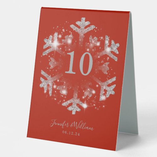 Glam Snowflake Xmas Wedding Silver Red  Table Tent Sign