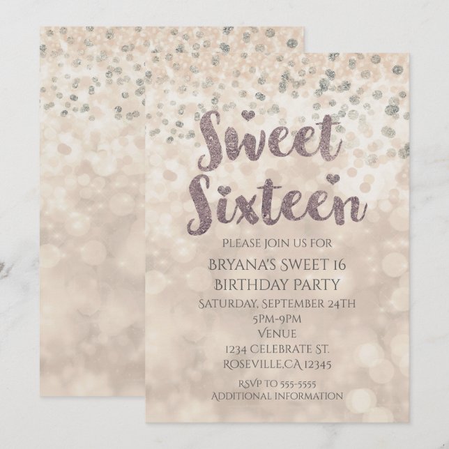Glam Sparkle Confetti Sweet 16 Birthday Invitation (Front/Back)