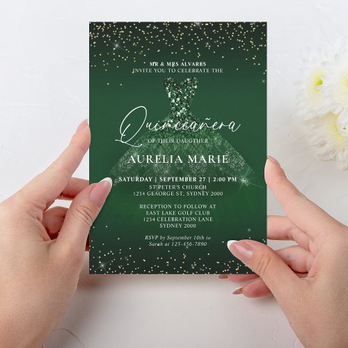 Glam Sparkle Gold Green Princess Dress Quinceanera Invitation