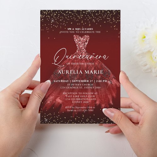 Glam Sparkle Gold Red Princess Dress Quinceanera Invitation