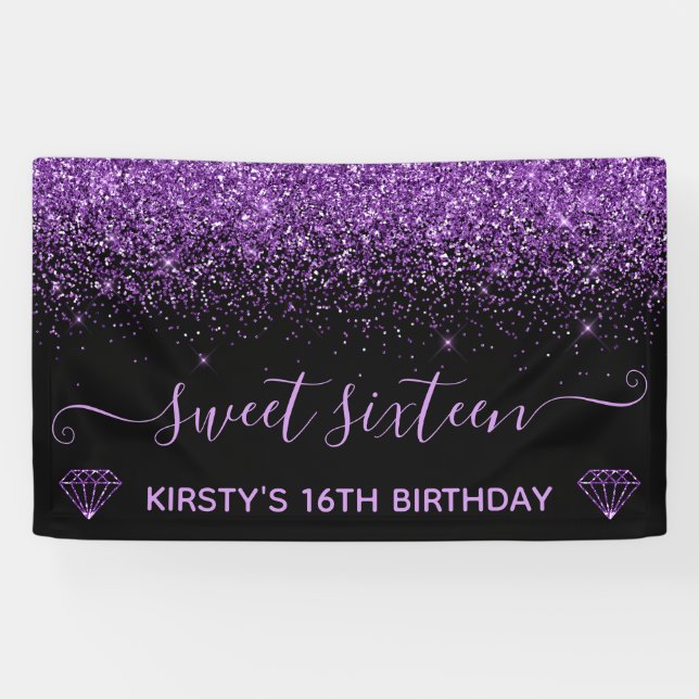 Glam Sparkle Purple Glitter Sweet Sixteen Banner (Horizontal)