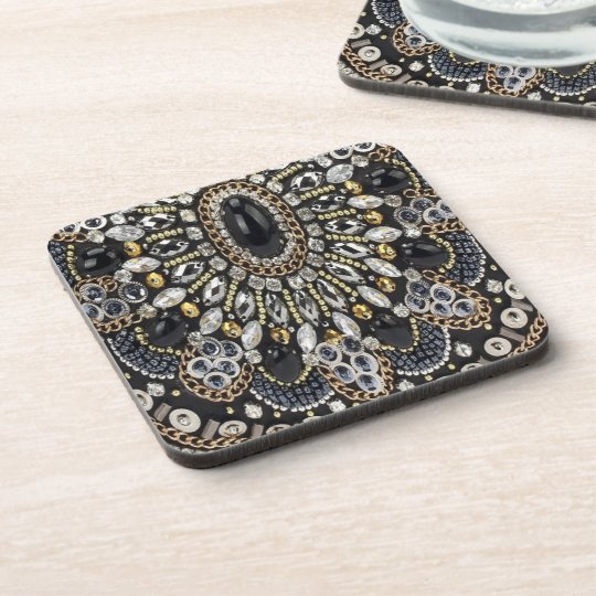 glam sparkles art deco black gold rhinestone beverage coaster