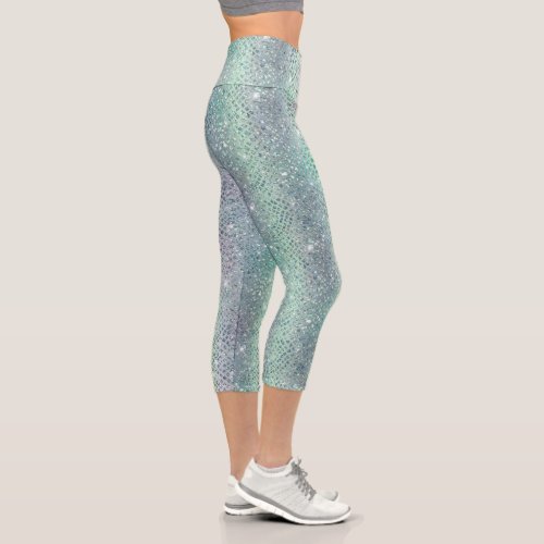 Glam Sparkly Diamond Snakeskin Pattern Capri Leggings