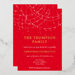 Glam String Light Snow Red Christmas Party Luxury Foil Invitation