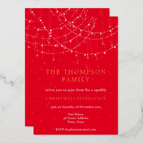 Glam String Light Snow Red Christmas Party Luxury  Foil Invitation