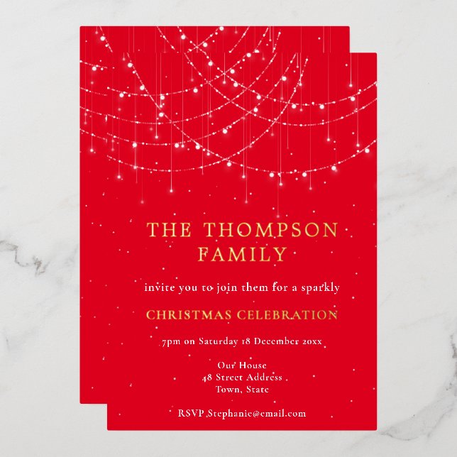 Glam String Light Snow Red Christmas Party Luxury  Foil Invitation (Front/Back)