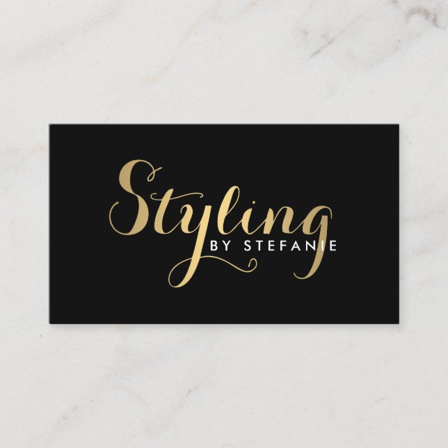 Glam Stylist Script Text Gold/Black Business Card (Front)