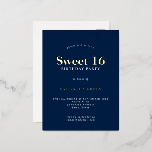 Glam Sweet 16 Birthday Party Navy Blue Glam Foil Invitation Postcard