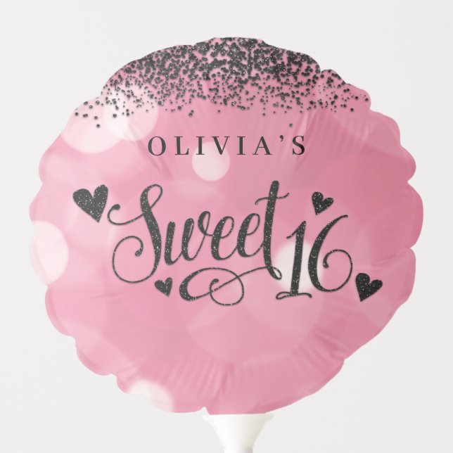 Glam Sweet 16 Black Glitter on Pink Balloon (Front)
