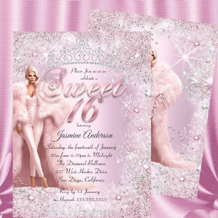Glam Sweet 16 Pink Silver Winter Wonderland Tiara Invitation