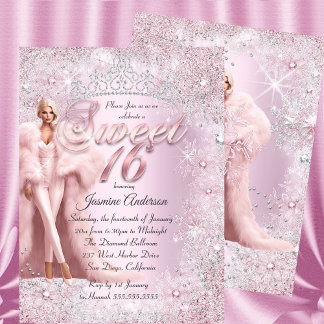 Glam Sweet 16 Pink Silver Winter Wonderland Tiara  Invitation