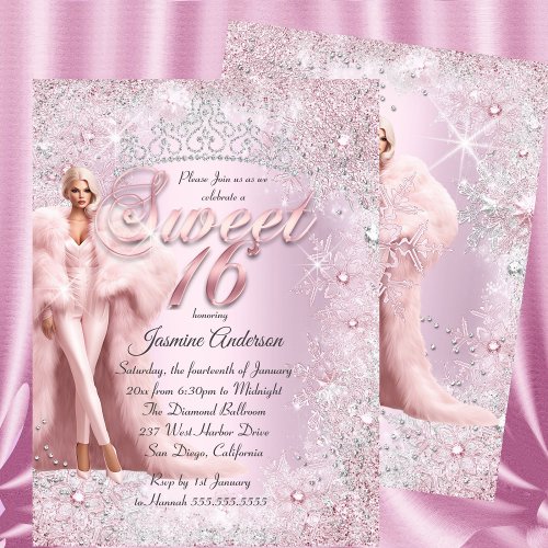 Glam Sweet 16 Pink Silver Winter Wonderland Tiara  Invitation