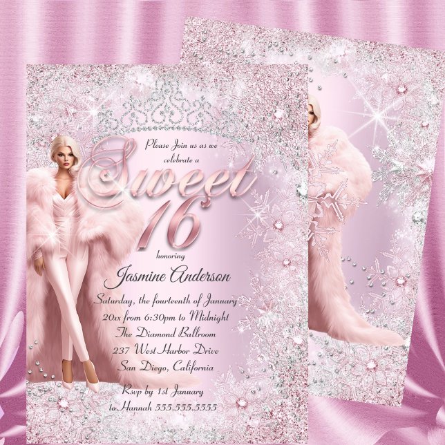 Glam Sweet 16 Pink Silver Winter Wonderland Tiara  Invitation (Creator Uploaded)