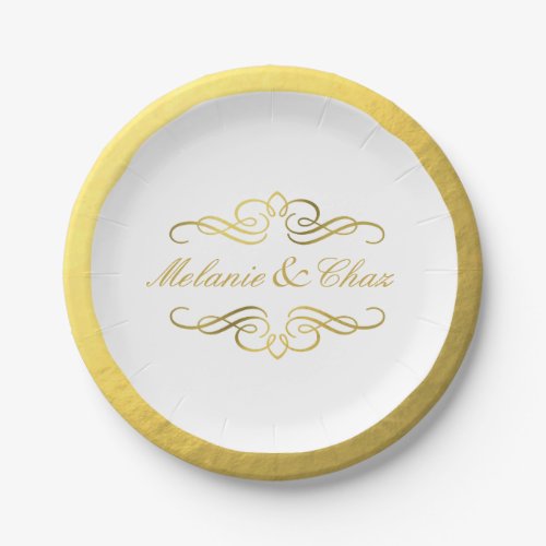 Glam Swirly Flourish Gold Foil Outline Wedding Paper Plates