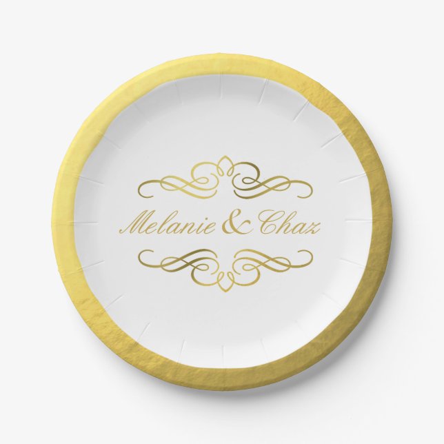 Glam Swirly Flourish Gold Foil Outline Wedding Paper Plates (Front)