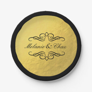 Glam Swirly Flourish Gold Foil Outline Wedding Paper Plates