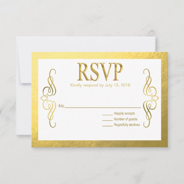 Glam Swirly Flourish Gold Foil RSVP | gold white (Front)