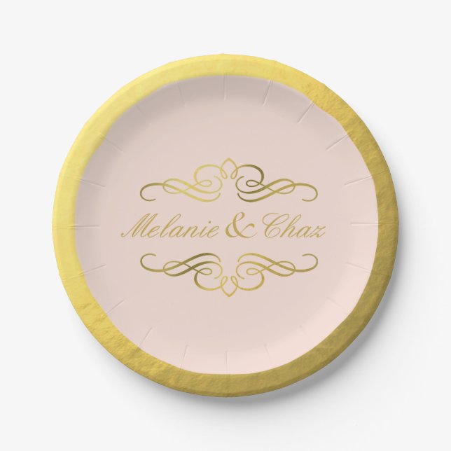 Glam Swirly Flourish Gold Foil Wedding blush pink Paper Plates (Front)