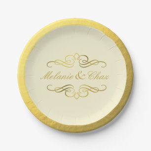 Glam Swirly Flourish Gold Foil Wedding ivory Paper Plates