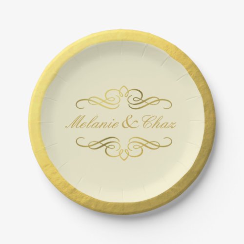 Glam Swirly Flourish Gold Foil Wedding  ivory Paper Plates
