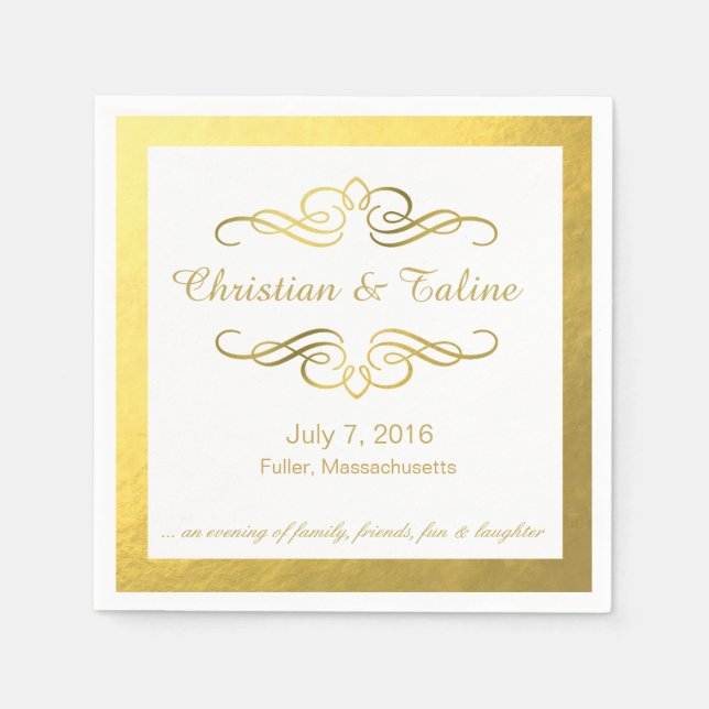 Glam Swirly Flourish Gold Outline Wedding Napkins (Front)