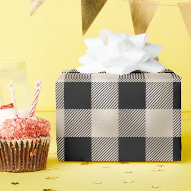 Glam Tan Black Buffalo Plaid Wrapping Paper (Birthday Party)