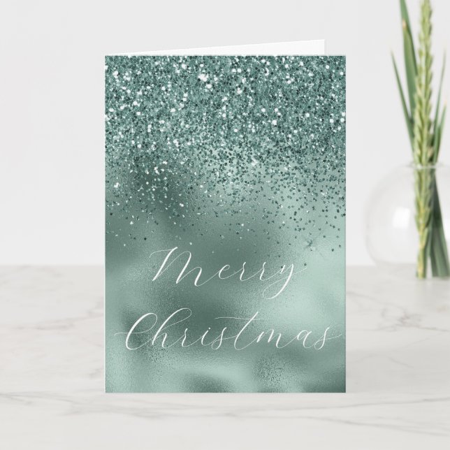 Glam Teal  Aqua Pine Green Glitzy Glitter Card (Front)