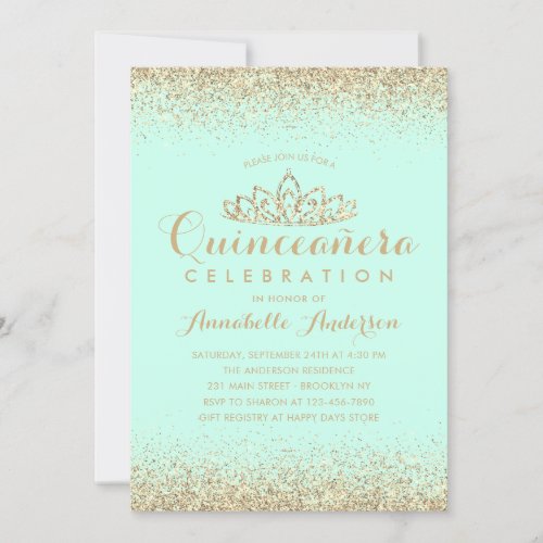 Glam Teal Aqua Quinceaera Gold Tiara Glitter Invitation