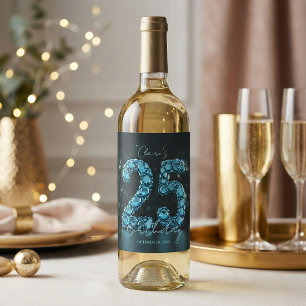 Glam Teal Blue 3D Bubble Gems 25th Birthday Wine Label